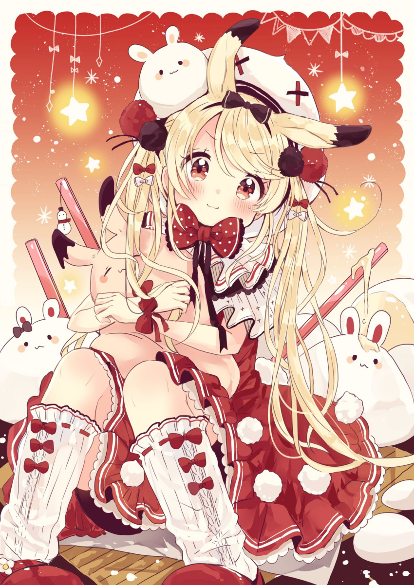 1girl animal animal_ears black_bow blush bow capelet closed_mouth commentary_request dress food hair_bow hair_ornament hat highres ice_cream kneehighs knees_together_feet_apart knees_up light_brown_hair long_hair object_hug original pennant rabbit rabbit_ears red_bow red_dress red_footwear sakura_oriko shoes sitting smile solo star string_of_flags stuffed_animal stuffed_bunny stuffed_toy very_long_hair white_bow white_capelet white_headwear white_legwear wrist_bow