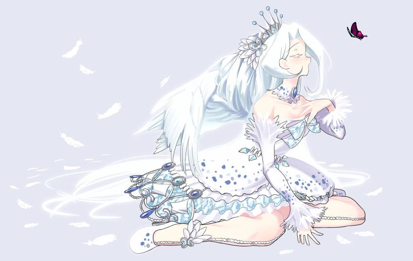 1girl bare_shoulders bug butterfly closed_eyes crown detached_sleeves dress eyelashes insect jii_(user_ihp6405) kiratto_pri_chan long_hair pretty_(series) shiratori_anju sitting sleeves_past_wrists solo wariza white_hair wings