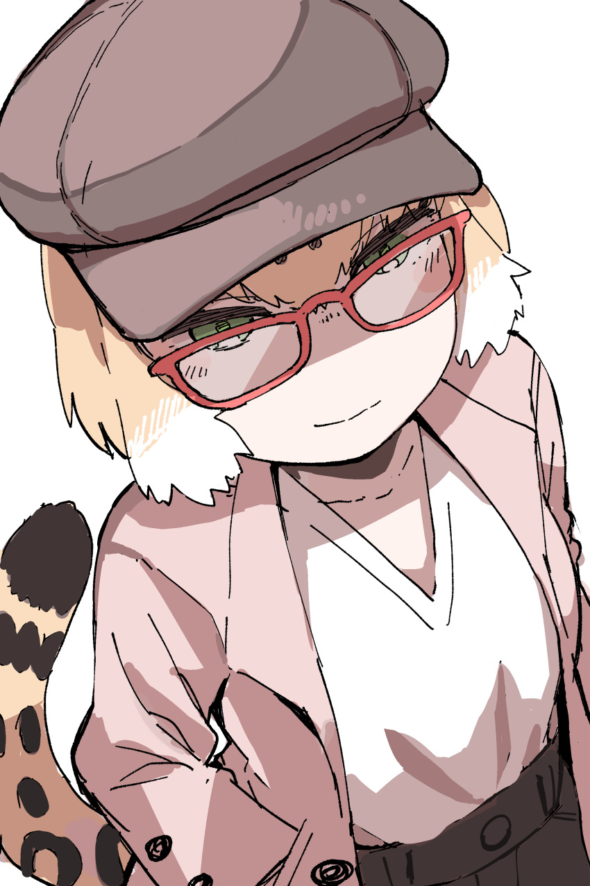 1girl absurdres alternate_costume bespectacled black_hair closed_mouth coat collarbone contemporary glasses green_eyes half-closed_eyes hand_in_pocket hare_(tetterutei) hat highres jaguar_(kemono_friends) jaguar_tail kemono_friends light_brown_hair long_sleeves looking_at_viewer multicolored_hair open_clothes open_coat pocket red-framed_eyewear shirt short_hair simple_background smile solo tail white_background white_hair