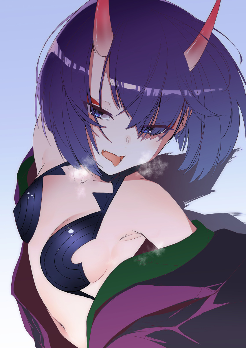 1girl absurdres bangs bare_shoulders blue_background blush bob_cut breasts collarbone eyeliner fang fate/grand_order fate_(series) gradient gradient_background highres horns japanese_clothes kimono kobo_(cobo_0609) large_breasts long_sleeves looking_at_viewer makeup off_shoulder oni oni_horns open_mouth purple_hair purple_kimono revealing_clothes short_eyebrows short_hair shuten_douji_(fate/grand_order) small_breasts solo tongue tongue_out violet_eyes
