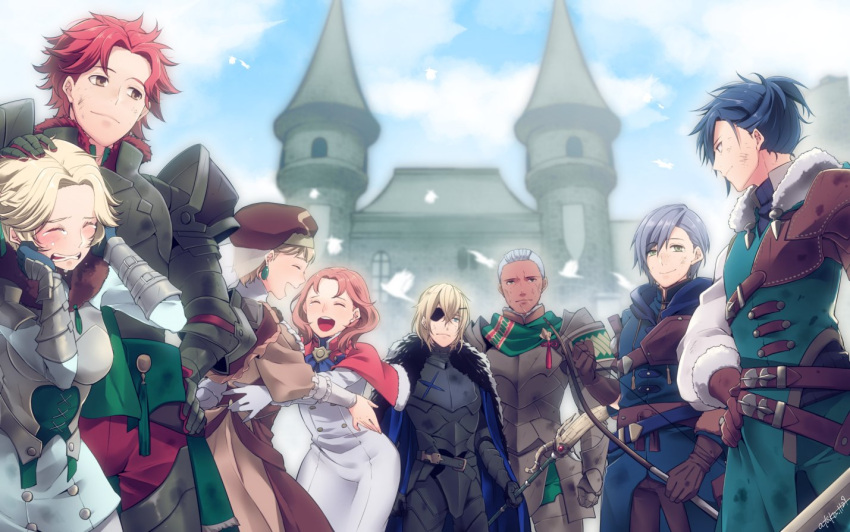 3girls 5boys annette_fantine_dominic armor ashe_ubert ataka_takeru belt bird black_hair blonde_hair blue_cape blue_eyes blue_sky bow_(weapon) brown_gloves cape castle closed_eyes closed_mouth clouds crying dark_skin dark_skinned_male day dedue_molinaro dimitri_alexandre_blaiddyd earrings eyepatch feathers felix_hugo_fraldarius fire_emblem fire_emblem:_three_houses from_side fur_trim gloves grey_hair hand_on_another's_head hat holding holding_bow_(weapon) holding_weapon ingrid_brandl_galatea jewelry long_hair long_sleeves mercedes_von_martritz multiple_boys multiple_girls open_mouth orange_hair outdoors polearm redhead short_hair sky smile sylvain_jose_gautier weapon white_gloves