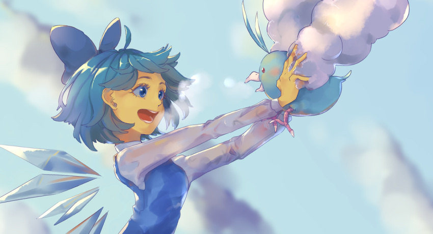 1girl :d ahoge arched_back bangs blue_bow blue_dress blue_eyes blue_hair blurry bow breasts breath chishibuki_hiyoko cirno clouds commentary_request dress hair_bow holding holding_pokemon ice ice_wings long_sleeves looking_at_animal open_mouth outdoors outstretched_arms pinafore_dress pokemon pokemon_(creature) shiny shiny_hair shirt short_hair sky small_breasts smile swablu tagme teeth touhou upper_body white_shirt wing_collar wings