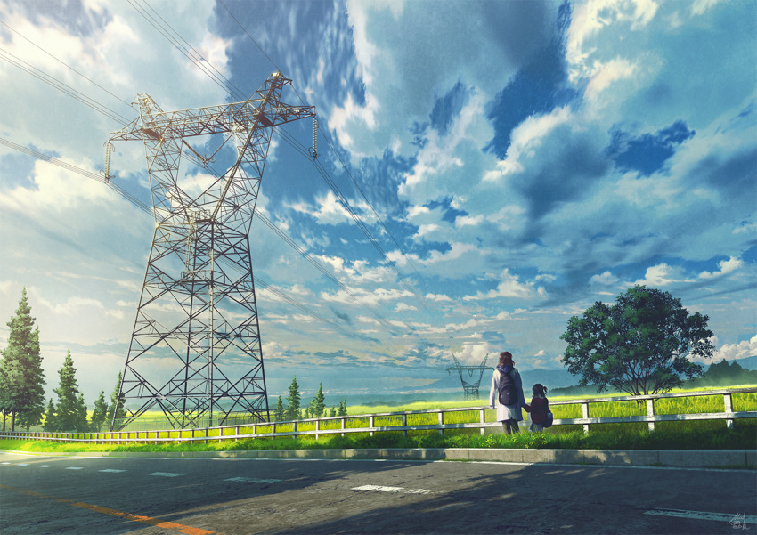 2girls backpack bag blue_sky clouds cloudy_sky commentary_request day facing_away from_behind grass holding_hands long_hair mocha_(cotton) multiple_girls original outdoors parent_and_child plain power_lines road scenery signature sky sunlight transmission_tower tree very_wide_shot white_coat
