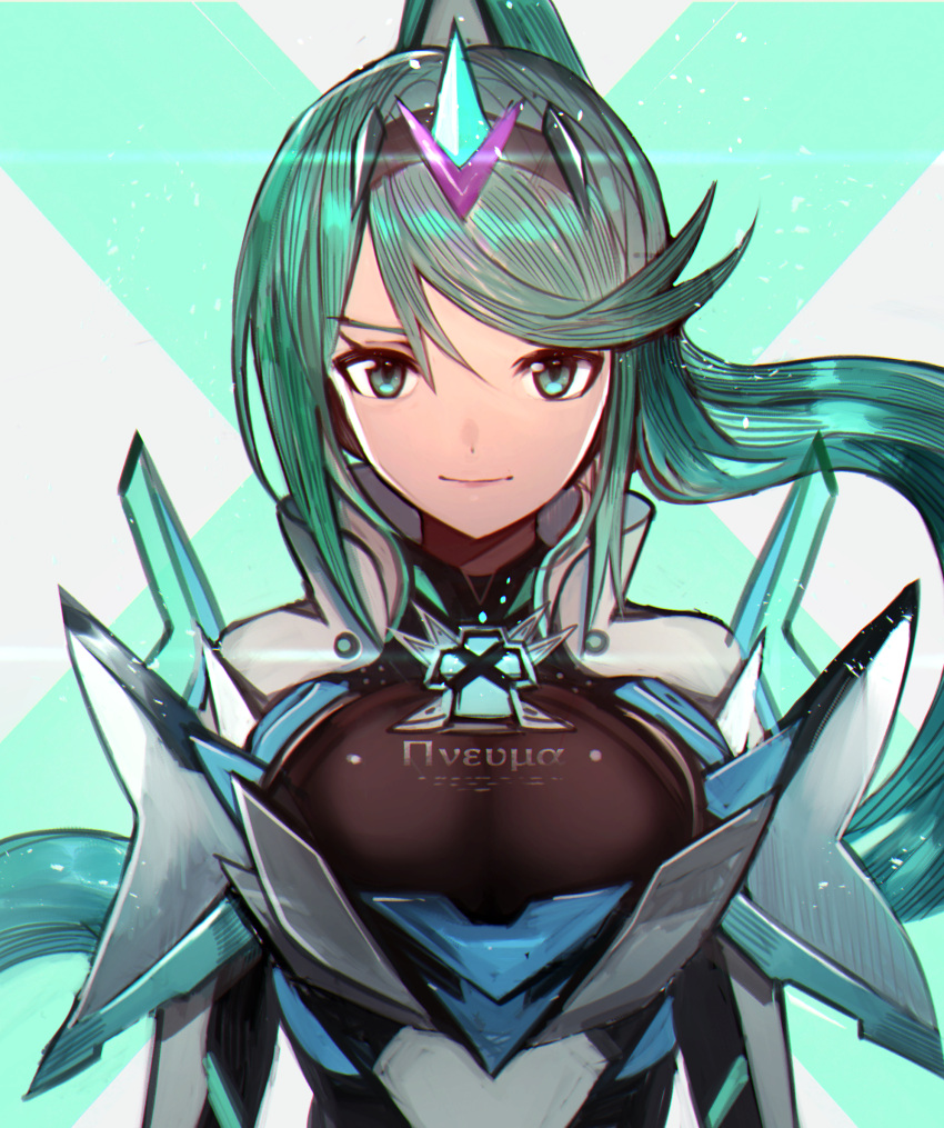 &gt;:) 1girl aqua_hair black_hairband breasts closed_mouth clothes_writing gem glowing hairband highres horn large_breasts looking_at_viewer looking_back pneuma_(xenoblade) pond serious shoulder_armor smile solo tarbo_(exxxpiation) two-tone_background upper_body xenoblade_(series) xenoblade_2