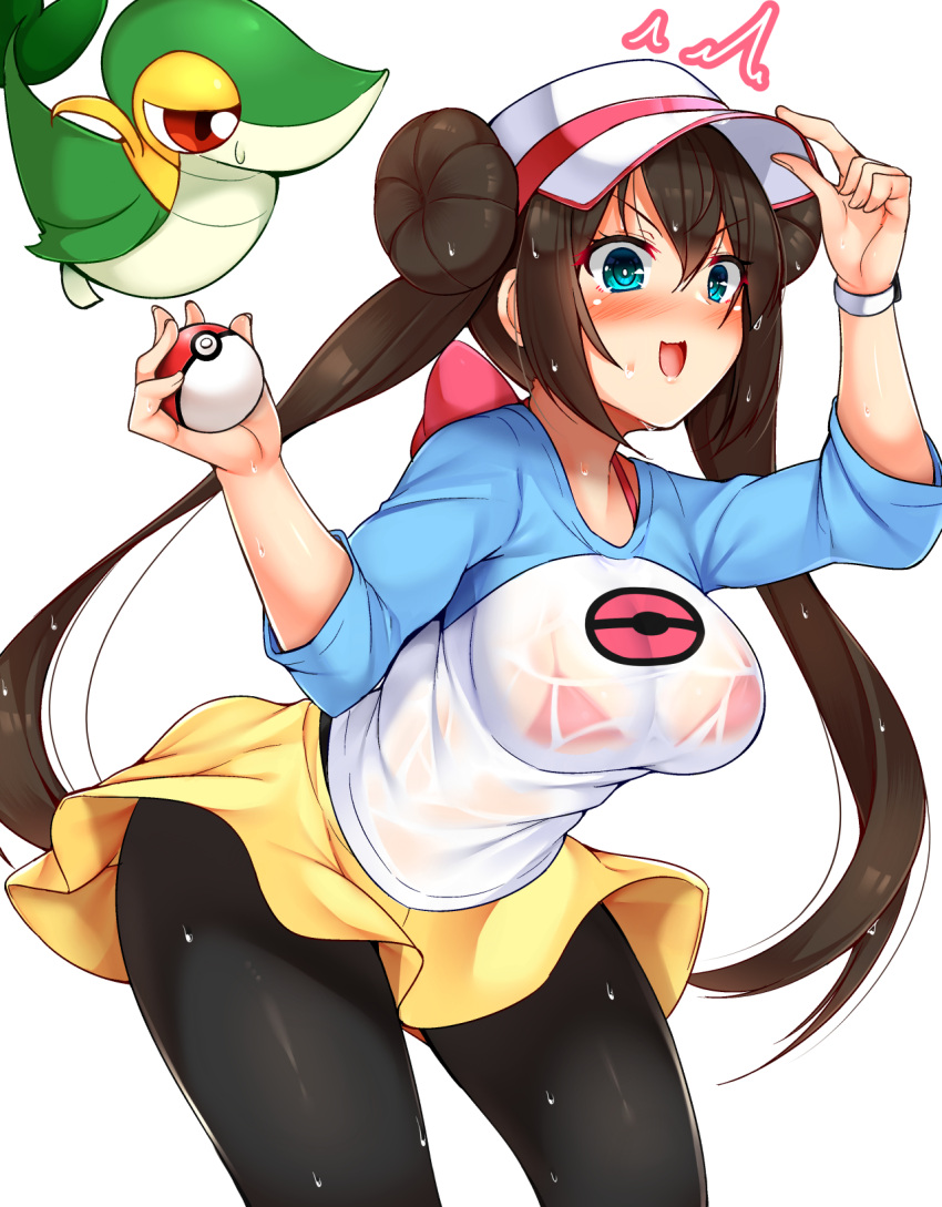 /\/\/\ 1girl :d adjusting_headwear aqua_eyes arm_up bangs baseball_cap black_legwear blush bra breasts brown_hair commentary_request cowboy_shot double_bun eyebrows_visible_through_hair hair_between_eyes hand_up hat highres holding large_breasts leaning_forward long_hair long_sleeves looking_at_viewer mei_(pokemon) miniskirt nose_blush open_mouth pantyhose poke_ball poke_ball_(generic) pokemon pokemon_(creature) pokemon_(game) pokemon_bw2 raglan_sleeves red_bra red_eyes see-through shirt sidelocks simple_background skirt smile snivy standing sweat t-shirt thighs tokoya_(ex-hetare) twintails underwear v-shaped_eyebrows very_long_hair watch white_background white_headwear white_shirt yellow_skirt