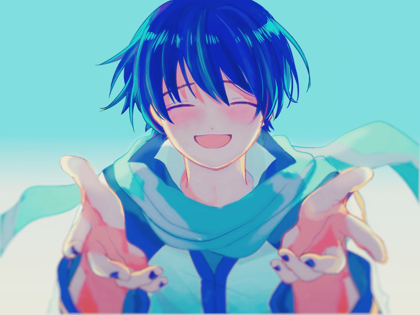 1boy :d blue_background blue_hair blue_nails blue_scarf blurry blush closed_eyes coat depth_of_field fingernails gradient gradient_background highres kaito looking_at_viewer male_focus nail_polish open_mouth outstretched_arms popped_collar scarf smile upper_body vocaloid xhinokox78