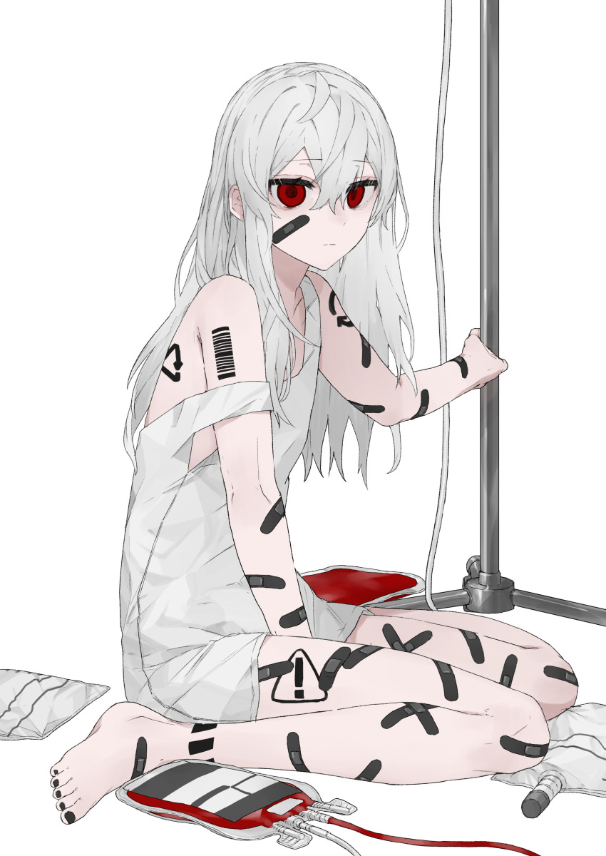 ! 1girl absurdres ahoge albino bags_under_eyes bandaid bandaid_on_arm bandaid_on_cheek bandaid_on_face bandaid_on_foot bandaid_on_knee bandaid_on_leg barcode barcode_tattoo barefoot black_nails blank_stare blood blood_bag closed_mouth collarbone commentary_request denki_ryu dress empty_eyes expressionless eyebrows_visible_through_hair eyes_visible_through_hair from_side full_body hair_between_eyes highres intravenous_drip long_hair looking_at_viewer looking_to_the_side messy_hair original pale_skin recycling_symbol red_eyes short_dress sign simple_background sitting solo strap_slip tattoo toenails too_many too_many_bandaids tsurime wariza warning_sign white_background white_dress white_hair