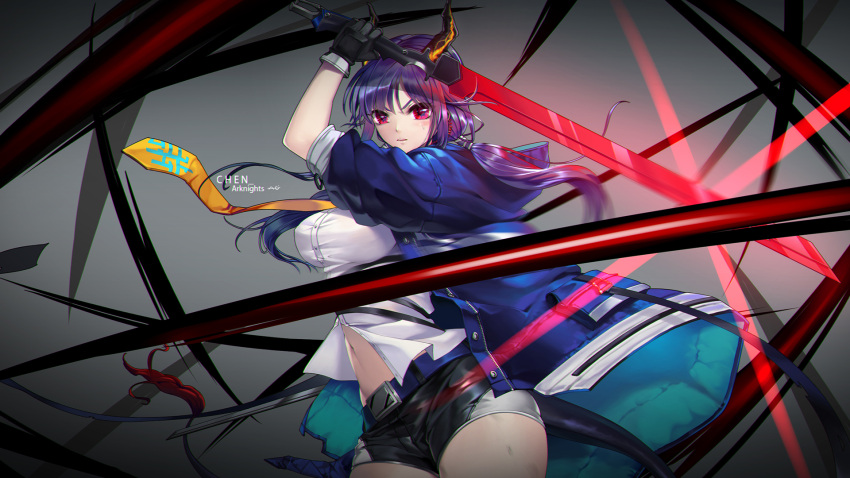 arknights arm_scarf black_shorts blue_hair ch'en_(arknights) dragon dragon_girl dragon_horns dragon_tail highres horns multicolored_neckwear multiple_rings multiple_swords neckwear orange_neckwear red_eyes shin_guards shorts tail walkie-talkie yi_dianxia