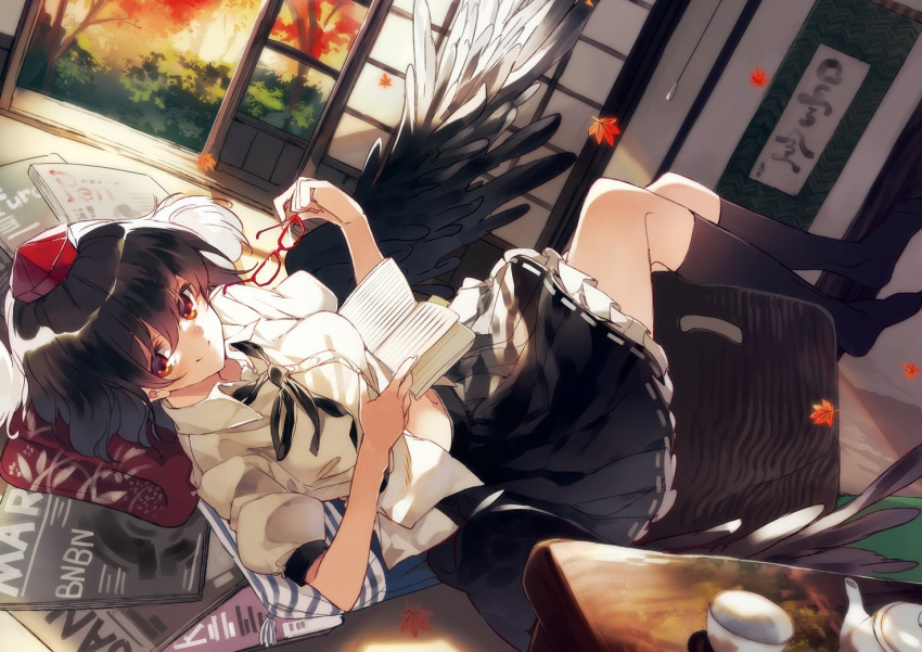 1girl autumn_leaves bangs bird_wings black_legwear black_neckwear black_ribbon black_skirt black_wings blush book breasts bunbunmaru closed_mouth commentary_request cup dutch_angle eyewear_removed feathered_wings frilled_skirt frills glasses hair_between_eyes hat holding holding_book holding_eyewear indoors ken_(coffee_michikusa) kneehighs knees_up leaf looking_at_viewer lying maple_leaf medium_breasts miniskirt neck_ribbon no_shoes on_back open_book petticoat pleated_skirt puffy_short_sleeves puffy_sleeves red-framed_eyewear ribbon shameimaru_aya shirt short_hair short_sleeves skirt sliding_doors smile socks solo sunlight teacup teapot tokin_hat touhou white_shirt wings