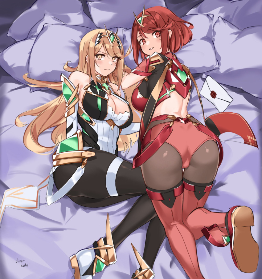 2girls ass bangs bare_shoulders bed black_gloves black_legwear blonde_hair blush breasts chest_jewel earrings elbow_gloves fingerless_gloves gem gloves headpiece highres jewelry large_breasts long_hair looking_at_viewer multiple_girls mythra_(xenoblade) oliver_koito pantyhose pyra_(xenoblade) red_eyes red_legwear red_shorts redhead short_hair short_shorts shorts smash_invitation smile super_smash_bros. swept_bangs thigh-highs thigh_strap tiara very_long_hair white_gloves xenoblade_chronicles_(series) xenoblade_chronicles_2 yellow_eyes