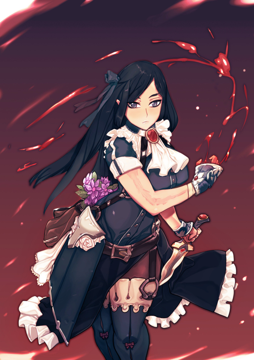 1girl absurdres bag bandages belt black_bow black_hair black_legwear blood blush bow closed_mouth covered_nipples cuffs dagger dungeons_and_dragons eyebrows_visible_through_hair flower frills gem grey_eyes highres holding holding_dagger holding_weapon long_hair oujuo1 purple_flower red_bow sleeves_rolled_up solo thigh-highs weapon