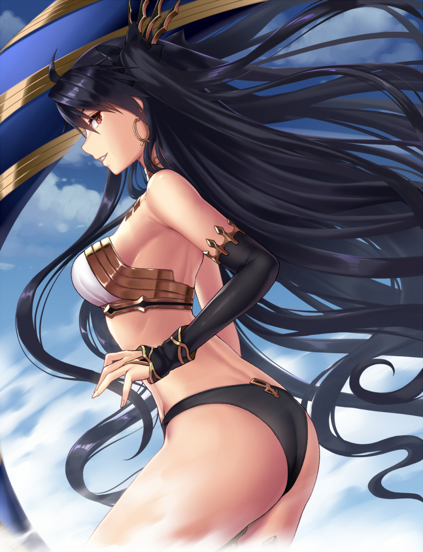 1girl armlet ass asymmetrical_sleeves back bangs bare_shoulders bikini black_bikini_bottom black_bow blue_sky blush bow breasts detached_collar earrings fate/grand_order fate_(series) hair_bow heavenly_boat_maanna highres hoop_earrings ishtar_(fate/grand_order) jewelry long_hair looking_at_viewer looking_back medium_breasts neck_ring parted_bangs parted_lips red_eyes sky smile solo takanashi-a thighs tiara tohsaka_rin toosaka_rin two_side_up type-moon weapon white_bikini_top