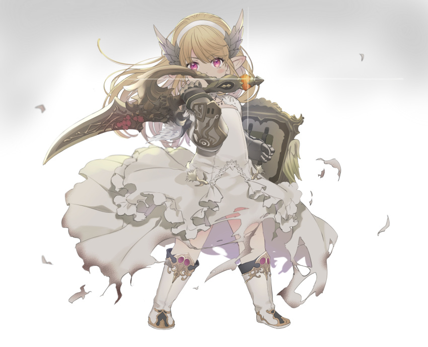 1girl armor babape blonde_hair boots covered_mouth dress fighting_stance final_fantasy final_fantasy_xiv floating_hair full_body gauntlets hairband hand_up highres holding holding_shield holding_sword holding_weapon lalafell long_dress long_hair looking_at_viewer paladin_(final_fantasy) pointy_ears shield solo standing sword torn_clothes torn_dress violet_eyes weapon white_dress wind