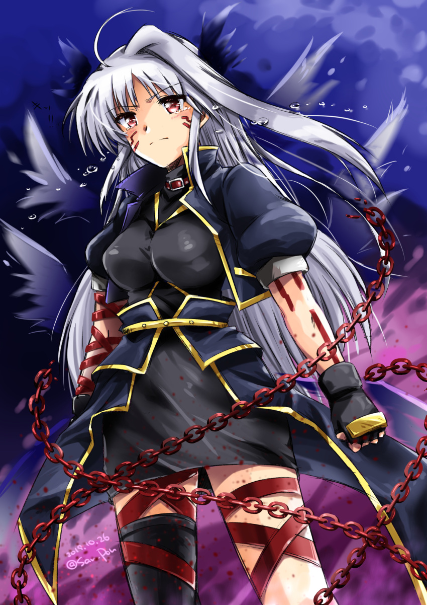 1girl arm_strap black_dress black_gloves black_jacket black_legwear black_wings blue_sky chain closed_mouth commentary crying crying_with_eyes_open dated dress eyebrows_visible_through_hair facial_mark fingerless_gloves frown gloves highres jacket long_hair lyrical_nanoha magical_girl mahou_shoujo_lyrical_nanoha mahou_shoujo_lyrical_nanoha_a's mahou_shoujo_lyrical_nanoha_the_movie_2nd_a's multicolored multicolored_sky nachtwal puffy_short_sleeves puffy_sleeves purple_sky red_eyes reinforce san-pon short_dress short_sleeves silver_hair single_hair_intake single_thighhigh sky solo tears thigh-highs thigh_strap twitter_username waist_cape wings
