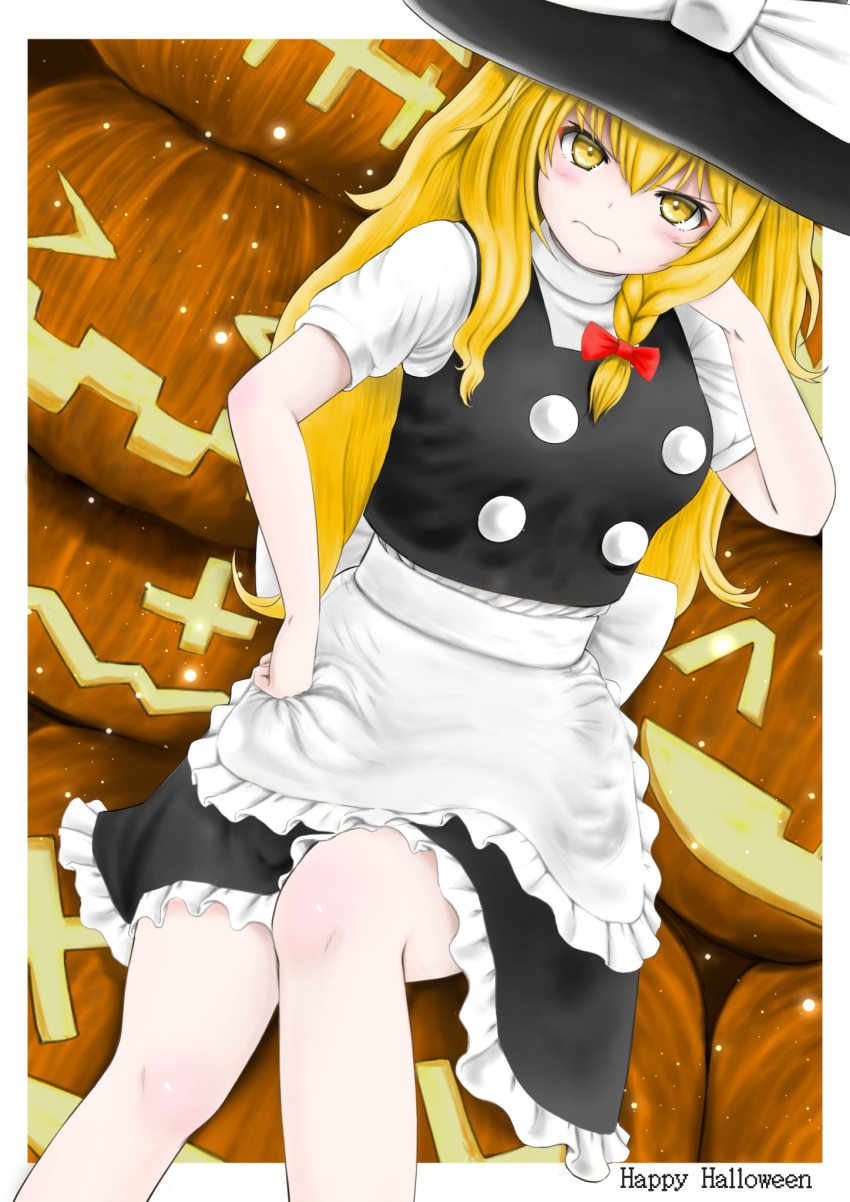 1girl 3: apron arm_behind_head bangs black_skirt black_vest blonde_hair bosutonii braid clenched_hand commentary_request dutch_angle english_text feet_out_of_frame frown furrowed_eyebrows hair_between_eyes hair_ribbon halloween hand_on_hip happy_halloween hat high_collar highres jack-o'-lantern kirisame_marisa light_particles long_hair looking_at_viewer puffy_short_sleeves puffy_sleeves ribbon shirt short_sleeves single_braid sitting sitting_on_object skirt touhou tress_ribbon very_long_hair vest waist_apron white_shirt witch_hat yellow_eyes