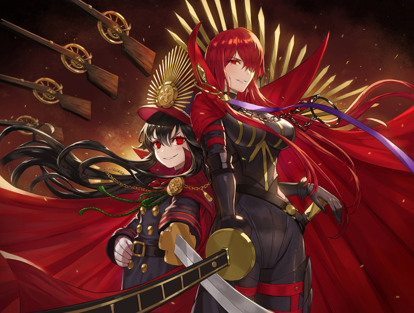 2girls black_bodysuit black_scarf bodysuit cape deepmaru dual_persona family_crest fate/grand_order fate_(series) gun hair_over_one_eye hat height_difference looking_at_viewer military_hat multiple_girls musket oda_nobunaga_(fate) oda_nobunaga_(fate)_(all) oda_nobunaga_(maou_avenger)_(fate) oda_uri older popped_collar red_cape red_eyes redhead scarf smile weapon
