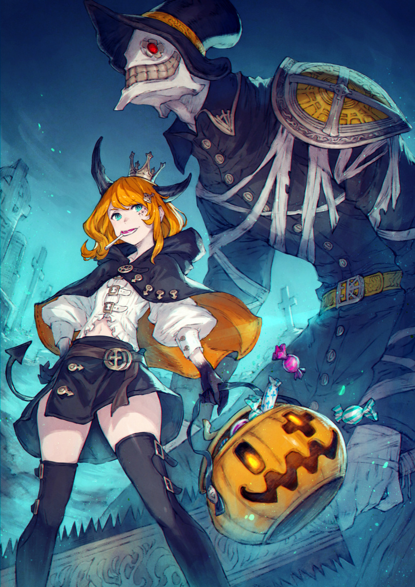 1girl aqua_eyes blonde_hair candy cape costume crown food ghost graveyard hair_ornament hairclip halloween halloween_basket halloween_costume happy_halloween hat highres horns jack-o'-lantern kusano_shinta lollipop original pumpkin pumpkin_hat thigh-highs trick_or_treat witch witch_hat