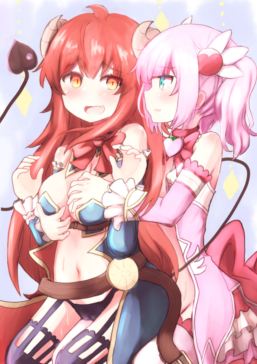 2girls ahoge blush breasts brown_eyes brown_hair chiyoda_momo demon_girl demon_horns demon_tail eyebrows_visible_through_hair garter_straps groping highres horns large_breasts long_hair machikado_mazoku magical_girl multiple_girls navel open_mouth pink_hair pnkts shiny shiny_hair skirt sweat tail thigh-highs yoshida_yuuko_(machikado_mazoku) yuri