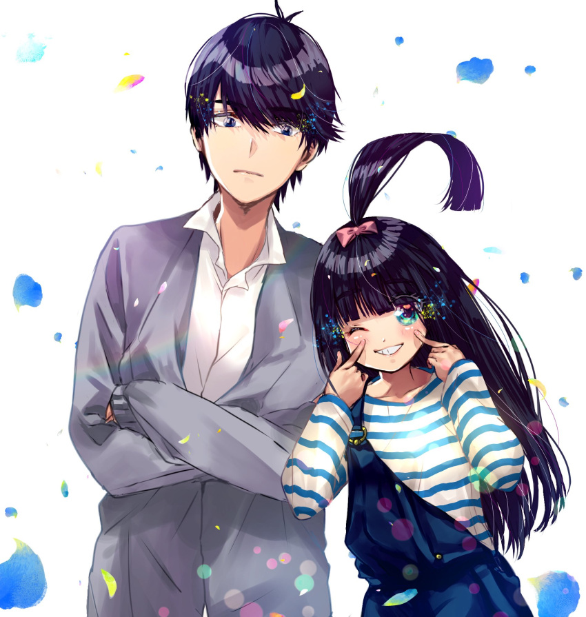 1boy 1girl ahoge bangs black_hair blue_eyes blunt_bangs blush bow brother_and_sister cardigan cowboy_shot crossed_arms go-toubun_no_hanayome hair_bow hatigatunoneko highres long_hair looking_at_viewer one_eye_closed overalls pink_bow shirt short_hair siblings striped striped_shirt teeth uesugi_fuutarou uesugi_raiha white_shirt