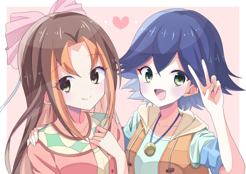 2girls :d bangs blue_hair blue_shirt blush bow brown_eyes brown_hair brown_vest character_request closed_mouth collarbone commentary_request drawstring flipped_hair green_eyes hair_bow hand_on_another's_shoulder hand_up hands_up heart hood hood_down hooded_vest jacket long_hair looking_at_viewer multicolored_hair multiple_girls open_clothes open_mouth open_vest parted_bangs pink_background pink_bow pink_jacket shirt short_sleeves smile suzume_anko two-tone_background two-tone_hair v vest white_background yuu-gi-ou yuu-gi-ou_zexal