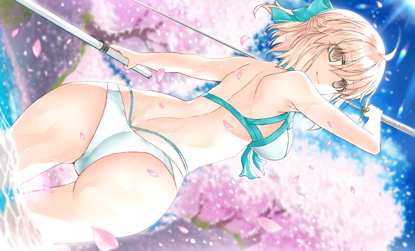 1girl ahoge arm_up armpits ass back bangs bare_back bare_shoulders bikini blonde_hair blue_bow blush bow breasts brown_eyes butt_crack cherry_blossoms closed_eyes commentary_request day dutch_angle eyebrows_visible_through_hair fate/grand_order fate_(series) from_behind hair_bow holding holding_sword holding_weapon light_rays looking_at_viewer looking_back medium_breasts morizono_shiki okita_souji_(fate)_(all) okita_souji_(swimsuit_assassin)_(fate) outdoors petals short_hair short_ponytail smile solo sunbeam sunlight swimsuit sword tree wading water weapon white_bikini wide_hips