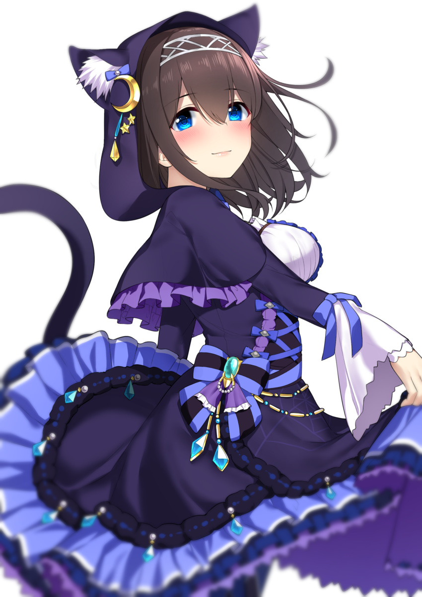 1girl absurdres animal_hood bangs black_hair blue_bow blue_capelet blue_dress blue_eyes blush bow breasts capelet cat_hood cat_tail chain closed_mouth crescent crescent_moon_pin cross-laced_clothes diadem dress frills go-1 halloween_costume highres hood hooded_capelet idolmaster idolmaster_cinderella_girls jewelry large_breasts long_hair long_sleeves looking_at_viewer pendant sagisawa_fumika simple_background smile solo spider_web_print tail white_background