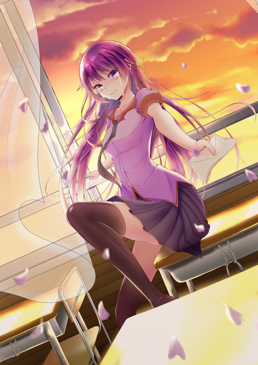 1girl absurdres bakemonogatari bangs black_legwear blue_skirt blurry blurry_foreground breasts classroom clouds cloudy_sky collarbone collared_shirt commentary_request crying crying_with_eyes_open depth_of_field desk dutch_angle feet_out_of_frame hair_between_eyes hair_blowing highres holding holding_letter juliet_sleeves knee_up lips long_hair long_sleeves looking_at_viewer makasamalove medium_breasts monogatari_(series) necktie on_desk open_window outstretched_arm pleated_skirt puffy_sleeves purple_shirt senjougahara_hitagi shadow shiny shiny_hair shirt short_sleeves sidelocks sitting sitting_on_desk skirt sky sleeve_cuffs smile solo sunset tears thigh-highs violet_eyes window