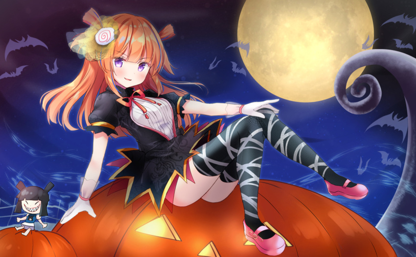 1girl animal bat black_dress black_legwear blue_hair blush breasts commentary_request copyright_request dress full_body full_moon gloves hair_ornament halloween highres jack-o'-lantern long_hair looking_at_viewer masayo_(gin_no_ame) moon multicolored_hair night night_sky orange_hair pink_footwear puffy_short_sleeves puffy_sleeves see-through shoes short_sleeves sitting sky small_breasts smile solo streaked_hair thigh-highs two_side_up v-shaped_eyebrows violet_eyes virtual_youtuber white_gloves