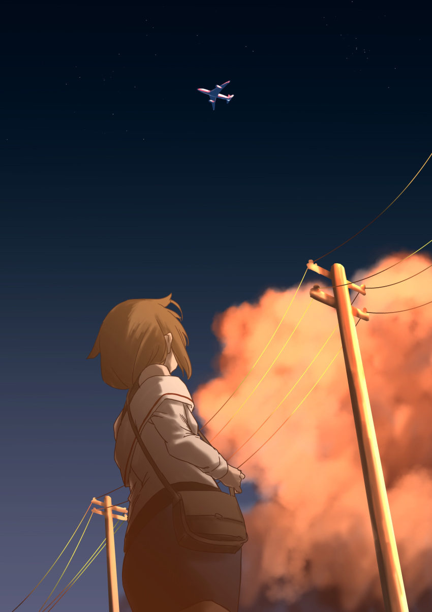 1girl absurdres ahoge aircraft airplane bag bangs brown_hair clouds denim denim_skirt from_behind from_below gouta_(nagishiro6624) hair_flaps highres kantai_collection long_sleeves off-shoulder_shirt off_shoulder outdoors power_lines remodel_(kantai_collection) shigure_(kantai_collection) shirt skirt sky sleeveless sleeveless_shirt solo star_(sky) starry_sky telephone_pole