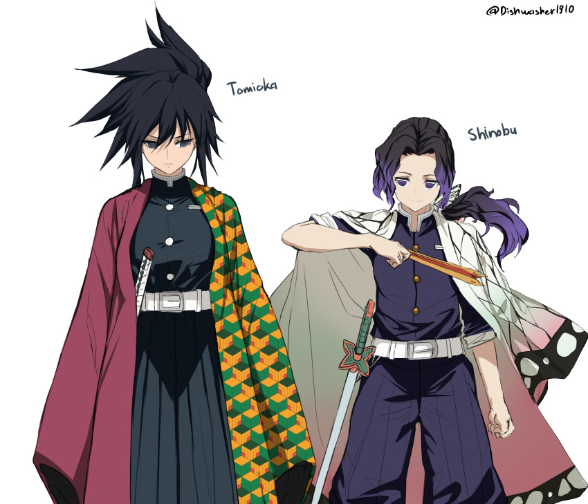 1boy 1girl absurdres artist_name black_hair butterfly_hair_ornament character_name commentary dishwasher1910 dress english_commentary english_text eyelashes genderswap genderswap_(ftm) genderswap_(mtf) gradient_hair hair_ornament highres kimetsu_no_yaiba kochou_shinobu long_hair looking_at_another multicolored_hair ponytail purple_dress simple_background sketch smile standing sword sword_hilt tomioka_giyuu weapon white_background