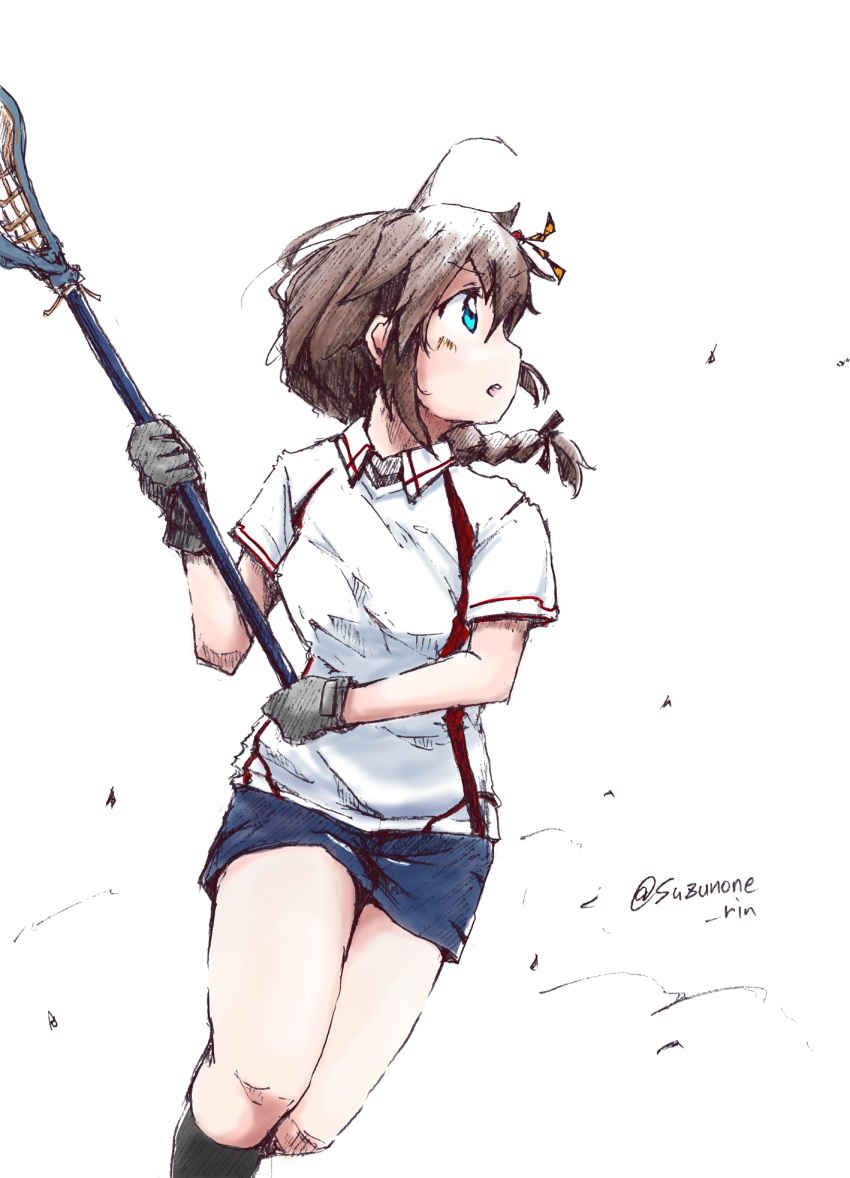 1girl ahoge alternate_costume black_legwear blue_eyes blue_skirt braid brown_hair cowboy_shot gloves grey_gloves hair_flaps hair_ornament hair_over_shoulder highres holding_racket kantai_collection kneehighs lacrosse long_hair looking_to_the_side remodel_(kantai_collection) running shigure_(kantai_collection) shirt short_sleeves single_braid skirt solo sportswear suzunone_rin thighs white_shirt