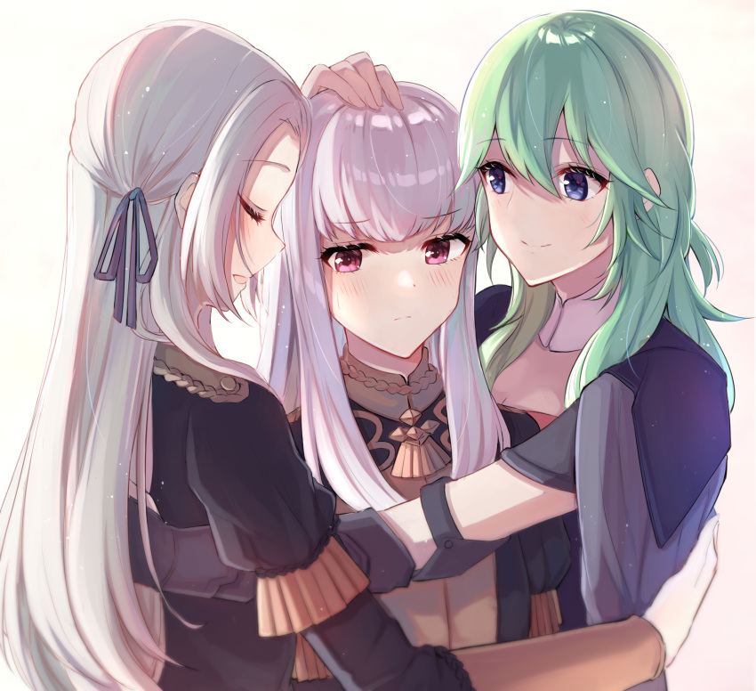 3girls :d arm_up bangs black_jacket blue_eyes blue_ribbon blush brown_background byleth_(fire_emblem) byleth_eisner_(female) closed_eyes closed_mouth commentary edelgard_von_hresvelg eyebrows_visible_through_hair fire_emblem fire_emblem:_three_houses garreg_mach_monastery_uniform gradient gradient_background green_hair hair_between_eyes hair_ribbon hand_on_another's_head highres jacket long_hair long_sleeves lysithea_von_ordelia multiple_girls open_mouth profile puffy_short_sleeves puffy_sleeves ribbon satoimo_chika short_over_long_sleeves short_sleeves silver_hair smile symbol_commentary upper_body very_long_hair violet_eyes white_background