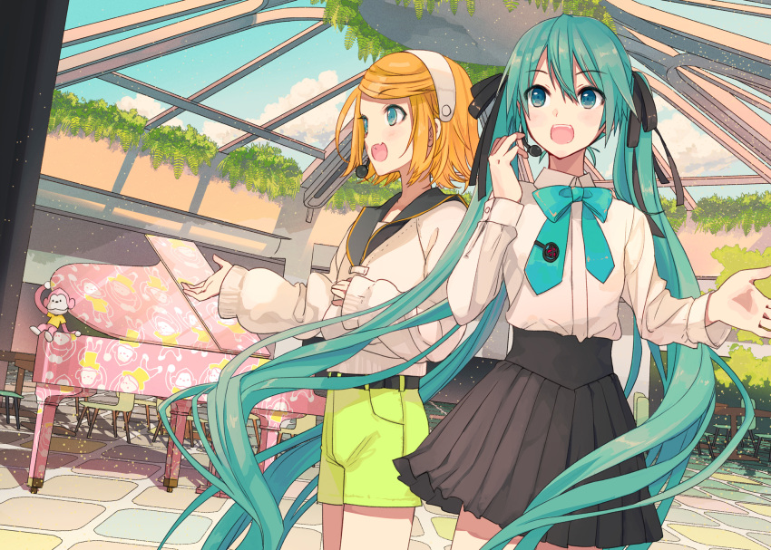 2girls aqua_eyes aqua_hair bangs belt black_collar black_skirt blonde_hair blue_sky bow bowtie clouds collar cowboy_shot fern green_shorts hair_ornament hairband hand_up hatsune_miku headphones headset highres holding holding_microphone instrument ixima kagamine_rin light_blush long_hair microphone monkey multiple_girls open_mouth piano plant pleated_skirt sailor_collar shirt short_hair short_shorts shorts skirt sky smile standing sweater swept_bangs twintails very_long_hair vocaloid white_shirt