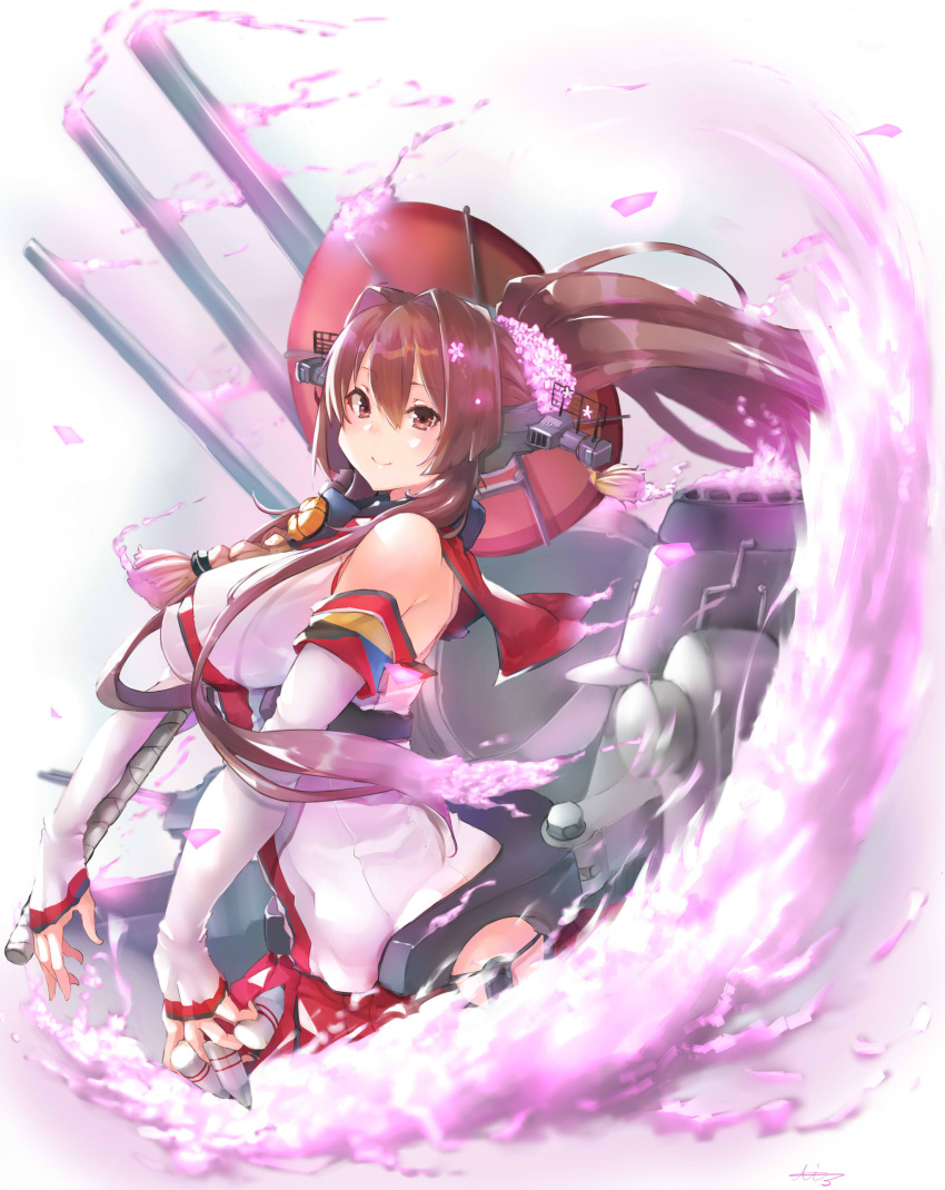 1girl absurdres akicosmossakasa brown_hair cannon cherry_blossoms detached_sleeves flower hair_flower hair_ornament headgear highres hip_vent kantai_collection long_hair looking_at_viewer machinery oriental_umbrella ponytail red_eyes red_skirt red_umbrella simple_background skirt solo turret umbrella white_background yamato_(kantai_collection)