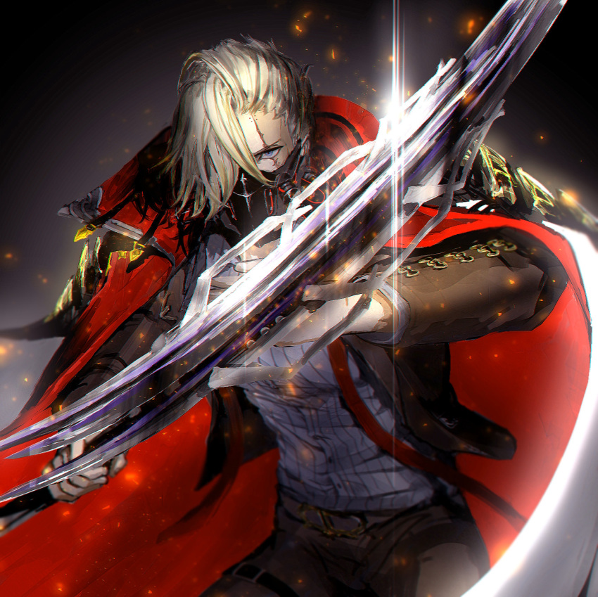 1boy blue_eyes code_vein facial_scar gas_mask hair_over_one_eye highres holding holding_weapon long_sleeves ruo_candyyyy scar solo sword veil weapon