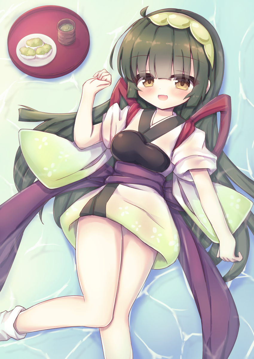 1girl :d absurdres bangs blush bow brown_eyes commentary_request cup eyebrows_visible_through_hair feet_out_of_frame food green_hair green_hairband hair_between_eyes hairband hand_up highres japanese_clothes kimono knees_together_feet_apart long_hair looking_at_viewer lying muneate on_back open_mouth plate purple_bow short_kimono short_sleeves smile socks solo tasuki tea touhoku_zunko tray very_long_hair voiceroid waste_(arkaura) white_kimono white_legwear yunomi