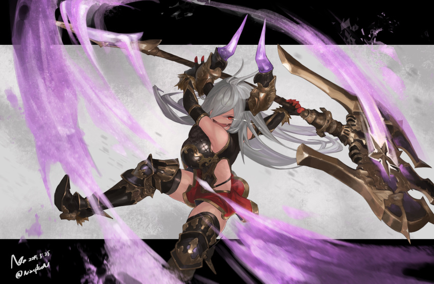 1girl armor axe black_gloves breasts dated elbow_gloves fang fur_trim gloves granblue_fantasy greaves hair_over_one_eye highres holding holding_axe holding_weapon horns large_breasts long_hair multicolored multicolored_clothes multicolored_gloves n9+ open_mouth red_eyes red_gloves silver_hair smile solo swing thalatha_(granblue_fantasy) twitter_username weapon