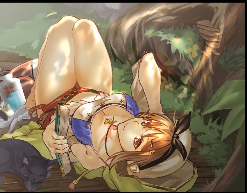 1girl atelier_(series) atelier_ryza bare_legs barefoot black_border black_bow black_cat book border bottle bow brown_eyes brown_hair cat closed_mouth dappled_sunlight downblouse grass hat hat_bow jewelry legs looking_at_viewer lying necklace on_back open_book outdoors reading red_shorts reisalin_stout shirt short_hair short_shorts shorts smile solo star star_necklace sunlight thigh_gap tree user_hysd4435 white_headwear white_shirt yellow_hoodie