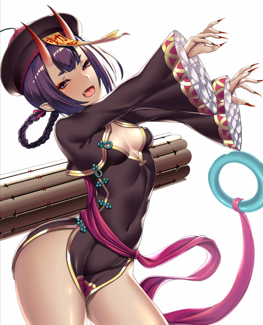 1girl bangs black_dress blush braid breasts china_dress chinese_clothes cleavage_cutout covered_navel dress eyeliner fate/grand_order fate_(series) fingernails hair_rings hands_up hat heroic_spirit_festival_outfit highres horns jiangshi long_sleeves looking_at_viewer makeup ofuda oni oni_horns open_mouth outstretched_arms peacock_feathers pelvic_curtain pointy_ears purple_hair qing_guanmao sash sharp_fingernails short_eyebrows short_hair shuten_douji_(fate/grand_order) side_slit simple_background small_breasts smile solo takanashi-a violet_eyes white_background wide_sleeves zombie_pose