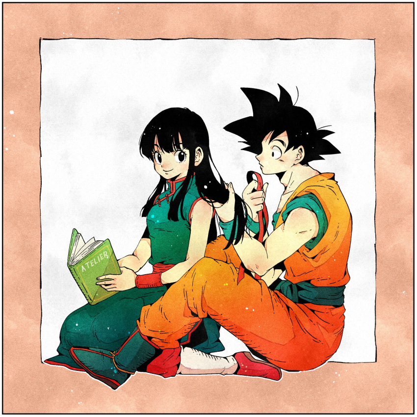 1boy 1girl bangs bare_arms bare_shoulders black_eyes black_hair blue_footwear blunt_bangs book boots border chi-chi_(dragon_ball) china_dress chinese_clothes couple dougi dragon_ball dragon_ball_(classic) dress expressionless fingernails grey_background hair_tie hand_in_another's_hair happy hetero highres hime_cut holding holding_book light_particles long_hair looking_at_another looking_back open_book pink_border profile red_footwear sidelocks simple_background sitting sleeveless sleeveless_dress smile son_gokuu spiky_hair straight_hair toritoki_(trig_tkdb) tying_hair wariza wristband