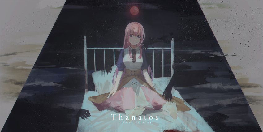 1girl bangs barefoot bed breasts character_name chihuri closed_mouth collared_shirt commentary copyright_name eyebrows_visible_through_hair full_moon hair_between_eyes highres long_hair looking_at_viewer moon night night_sky on_bed pillow pink_hair pink_skirt puffy_short_sleeves puffy_sleeves shirt short_sleeves sitting skirt sky small_breasts smile soles solo sound_horizon star_(sky) starry_sky thanatos_(sound_horizon) very_long_hair violet_eyes white_shirt