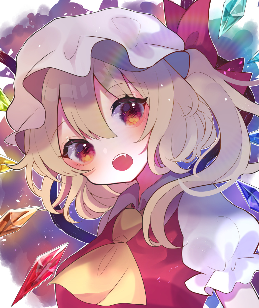 1girl :o ascot bangs blonde_hair blush check_commentary chikuwa_(tikuwaumai_) collared_shirt commentary_request crystal eyebrows_visible_through_hair fang flandre_scarlet floating_hair hair_between_eyes hair_ribbon hat highres lens_flare light_particles looking_at_viewer mob_cap one_side_up open_mouth orange_eyes puffy_short_sleeves puffy_sleeves rainbow rainbow_order red_ribbon red_vest ribbon shirt short_hair_with_long_locks short_sleeves solo touhou upper_body vest white_shirt wide-eyed wings yellow_neckwear