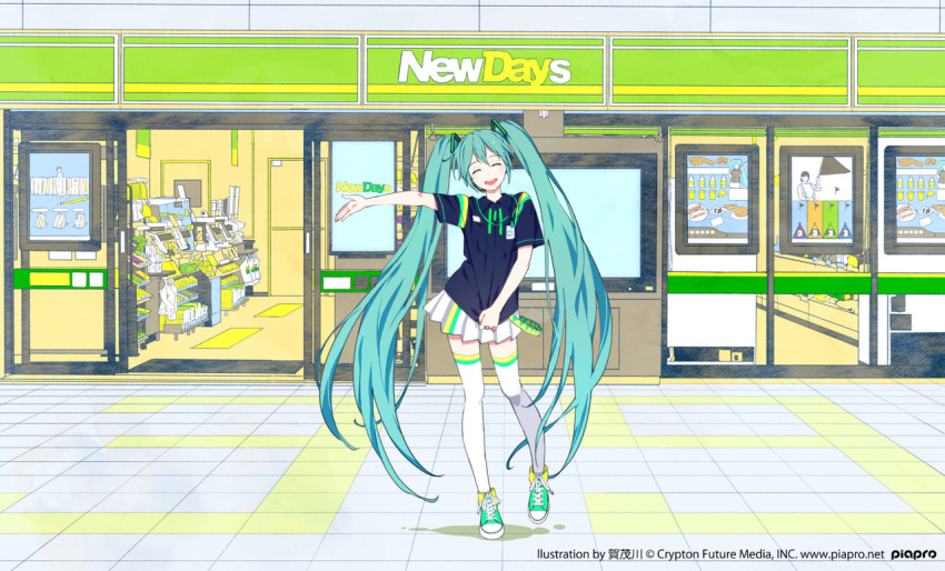 1girl aqua_eyes aqua_hair closed_eyes crypton_future_media hatsune_miku kamogawa_(kamogawa_sodachi) long_hair official_art open_mouth outstretched_arm pleated_skirt shirt shoes skirt smile sneakers solo thigh-highs twintails very_long_hair vocaloid white_legwear wide_shot