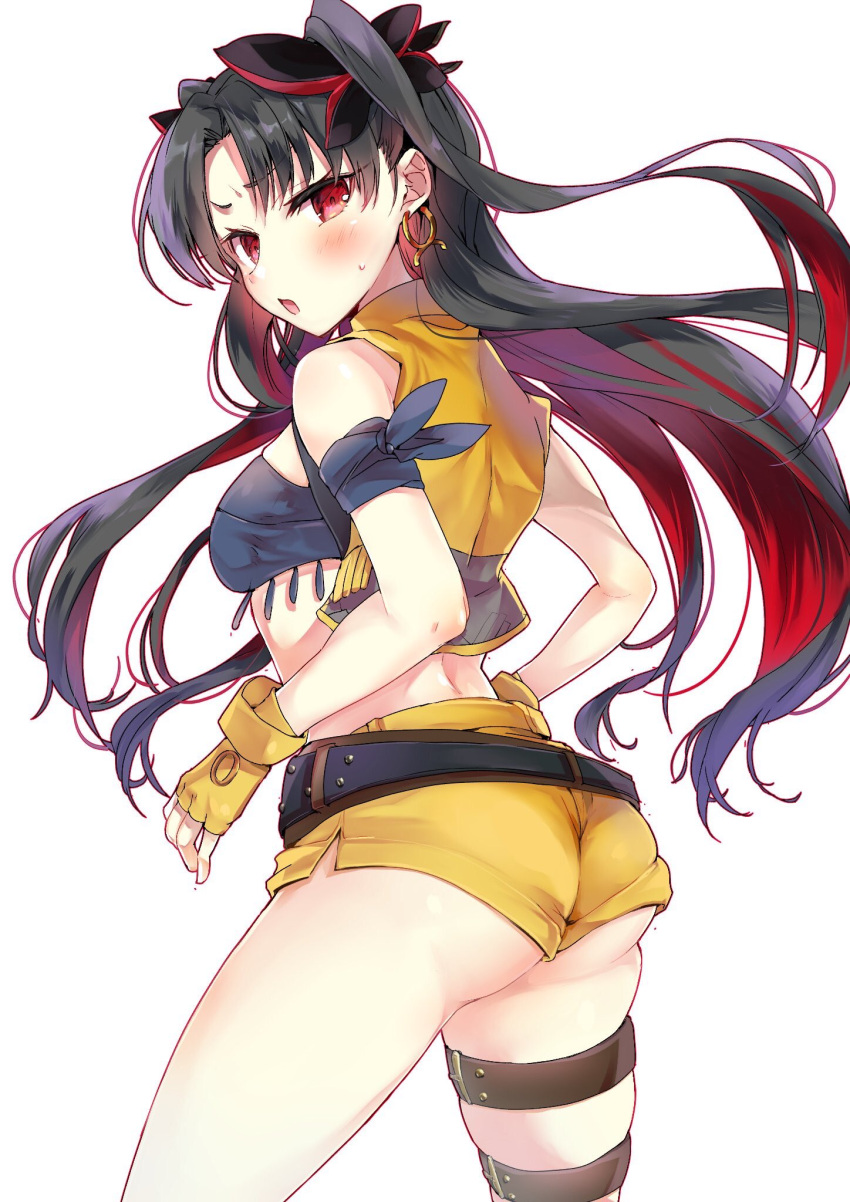 1girl ass bangs bare_shoulders belt black_belt black_hair blush breasts brown_belt commentary_request earrings eyebrows_visible_through_hair fate/grand_order fate_(series) fingerless_gloves gloves hair_ornament highres hoop_earrings ishtar_(fate/grand_order) jewelry leg_belt long_hair looking_at_viewer looking_to_the_side medium_breasts multicolored_hair open_clothes open_mouth open_vest parted_bangs red_eyes redhead short_shorts shorts simple_background skindentation solo space_ishtar_(fate) sweat tomozero two-tone_hair two_side_up very_long_hair vest white_background yellow_gloves yellow_shorts yellow_vest