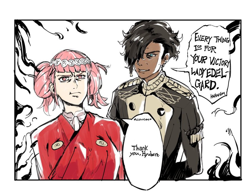 1boy 1girl :t bangs black_border black_hair blunt_bangs border claude_von_riegan closed_mouth coat cosplay dark_skin dark_skinned_male earrings edelgard_von_hresvelg edelgard_von_hresvelg_(cosplay) english_commentary english_text fire_emblem fire_emblem:_three_houses garreg_mach_monastery_uniform green_eyes hair_over_one_eye headband highres hilda_valentine_goneril hubert_von_vestra hubert_von_vestra_(cosplay) jewelry long_sleeves looking_at_viewer pink_hair red_coat school_uniform short_hair simple_background upper_body white_background yrfreakyneighbr