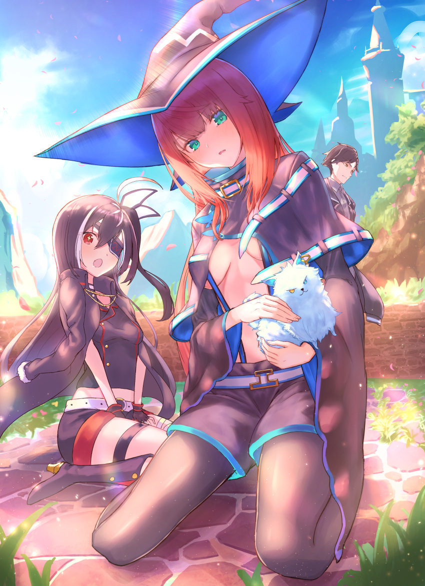 1boy 2girls absurdres ahoge animal black_gloves black_hair black_jacket blue_eyes blue_sky breasts clouds cover cover_page day eyepatch fingerless_gloves gloves hat hayataku1234 highres jacket medium_breasts midriff multicolored_hair multiple_girls novel_cover official_art open_mouth outdoors red_eyes redhead shorts sky streaked_hair thigh_strap tower white_hair wide_sleeves witch_hat