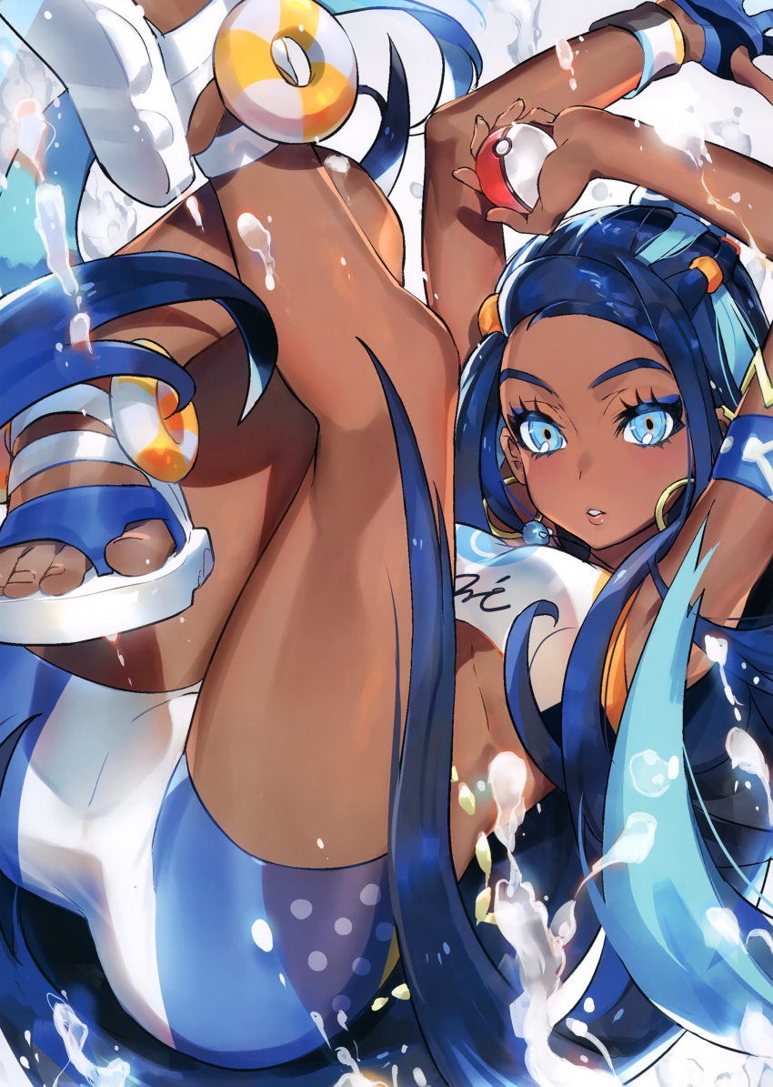 1girl absurdres armlet armpits arms_up black_hair blue_eyes blue_hair breasts creatures_(company) dark_skin earrings eyeliner game_freak gloves hair_bun highres holding holding_poke_ball hoop_earrings jewelry legs_up long_hair looking_at_viewer makeup medium_breasts mika_pikazo multicolored_hair necklace nintendo olm_digital parted_lips poke_ball poke_ball_(generic) pokemon pokemon_(anime) pokemon_(game) pokemon_swsh rurina_(pokemon) sandals scan shorts signature single_glove solo swimsuit tankini thighs toes water