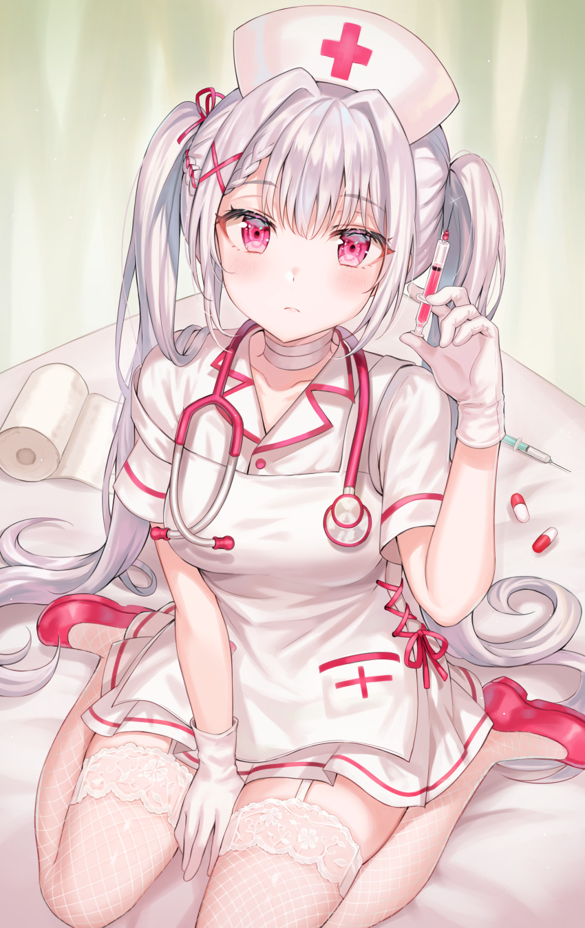 1girl absurdres apron blush choker closed_mouth commentary_request dress gloves hair_intakes hair_ornament hat highres holding huge_filesize long_hair looking_at_viewer nijisanji nurse_cap pill pink_footwear shoes short_sleeves silver_hair sitting solo stethoscope sukoya_kana syringe tissue tokkyu twintails very_long_hair virtual_youtuber wariza white_dress white_gloves wing_collar x_hair_ornament