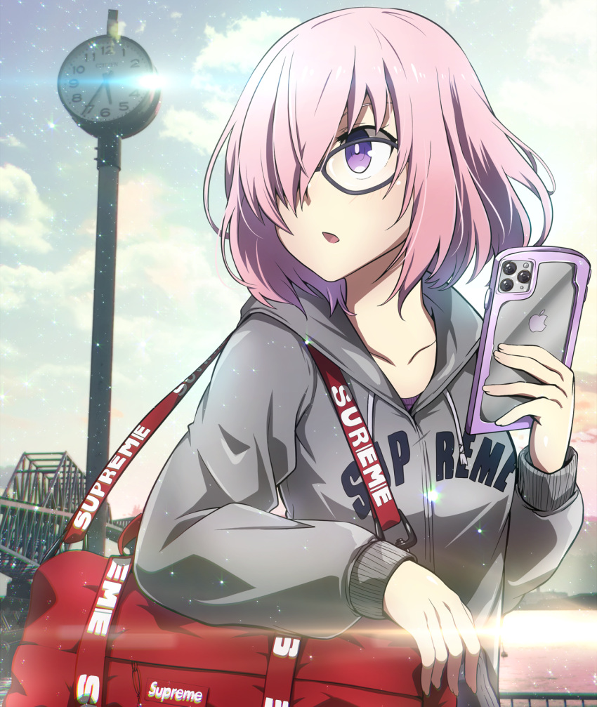 1girl :o alternate_costume bag black-framed_eyewear blue_sky bright_pupils casual cellphone clock collarbone day drawstring duffel_bag fate/grand_order fate_(series) glasses grey_jacket hair_over_one_eye highres holding holding_cellphone holding_phone hood hood_down hooded_jacket iphone jacket lens_flare long_sleeves looking_away looking_to_the_side mash_kyrielight open_mouth outdoors parted_lips phone pink_hair short_hair sky smartphone solo sunlight tom_(drpow) upper_body violet_eyes