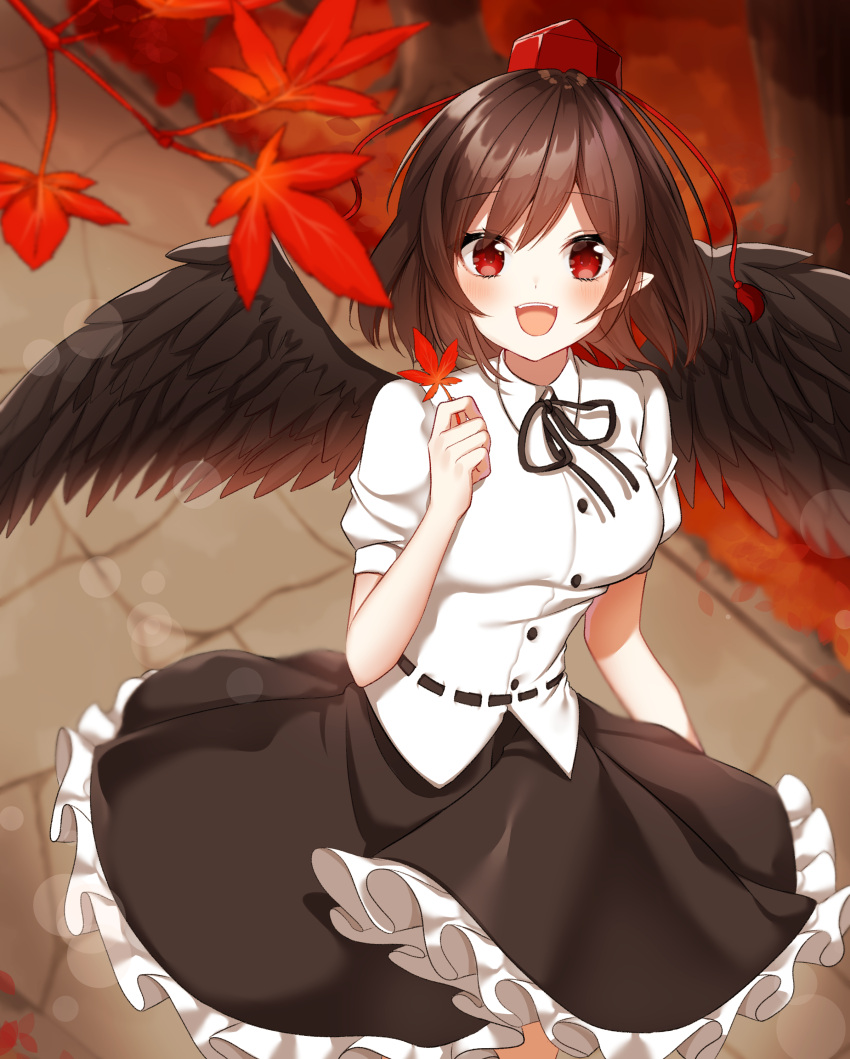 1girl :d absurdres alternate_hair_color arm_up autumn_leaves belt bird_wings black_skirt blurry blush breasts brown_hair cobblestone commentary cowboy_shot depth_of_field eyebrows_visible_through_hair feathered_wings from_above hair_between_eyes hat highres holding holding_leaf leaf looking_at_viewer maple_leaf medium_breasts open_mouth petticoat pointy_ears puffy_short_sleeves puffy_sleeves red_eyes red_headwear shameimaru_aya shiki_(s1k1xxx) shirt short_hair short_sleeves skirt smile solo tokin_hat touhou untucked_shirt upper_teeth walkway white_shirt wings